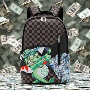 Checkered Backpack with Cartoon Design